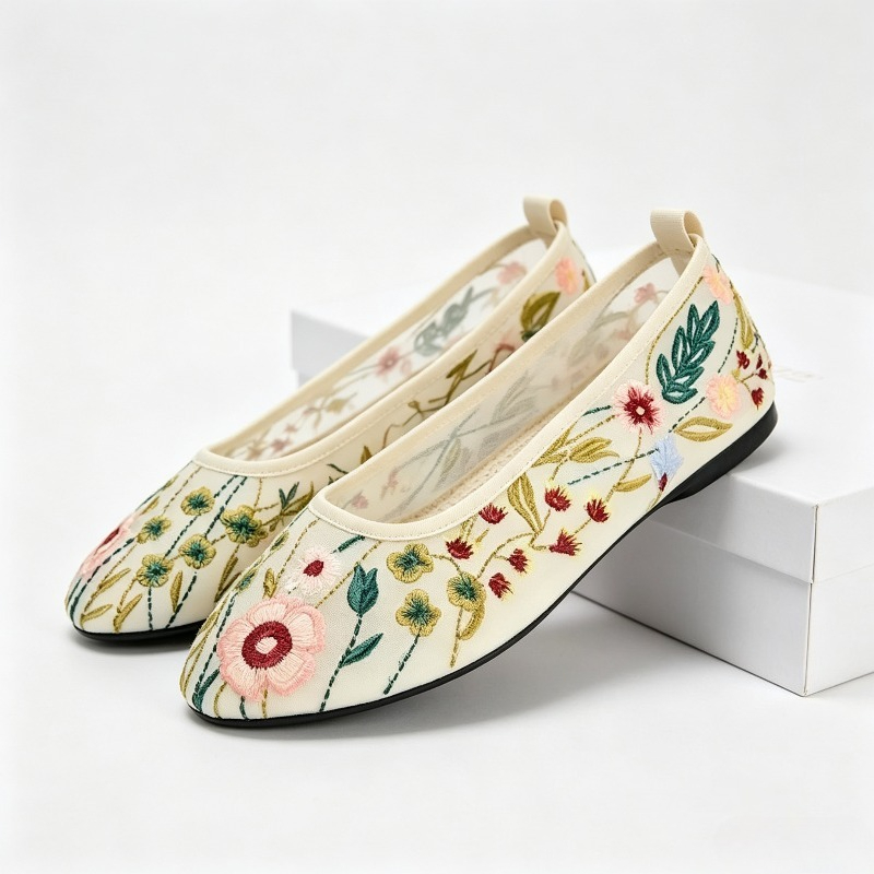 Embroidery Meaning - Sepatu Flat Balet Jaring Ujung Bundar
